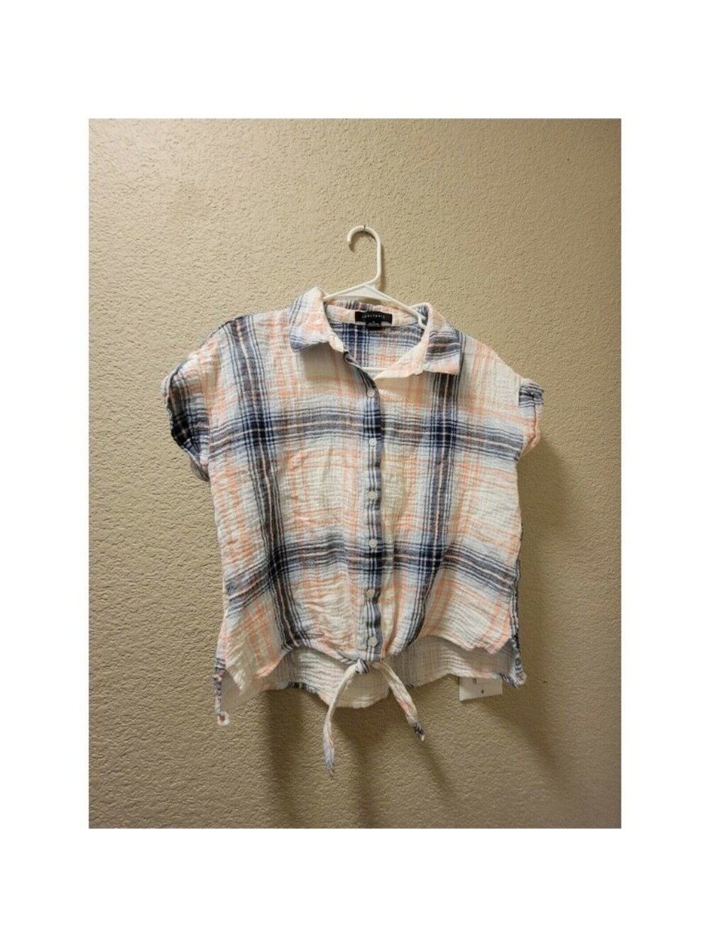 Sanctuary Women's Plaid Shirt Tie Front Button Up Collar White Pink Blue Sz Med